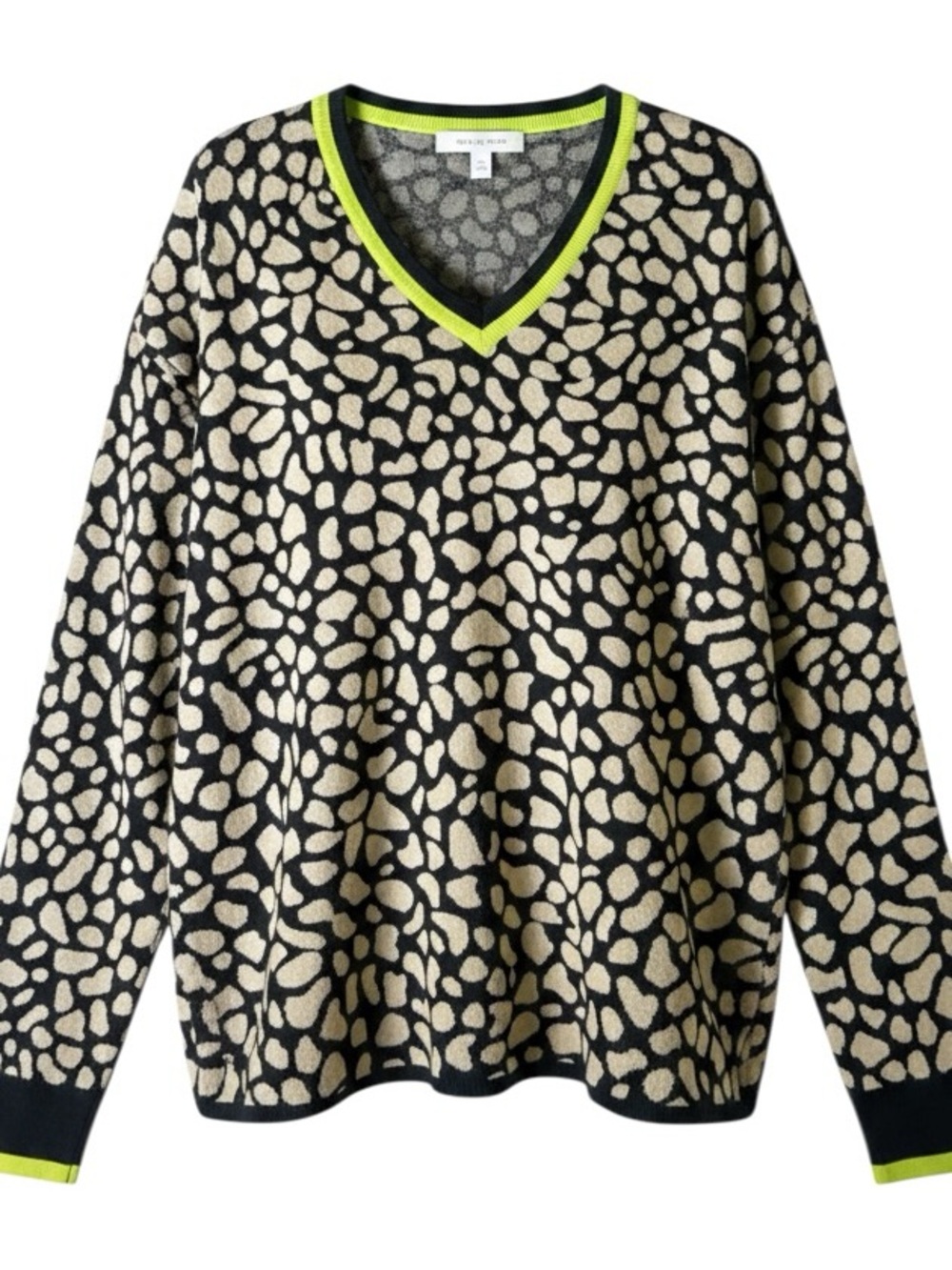 Lemon Way 1X Leopard Print Varsity Sweater V-Neck Sweater Neon Trim NWOT WOMEN